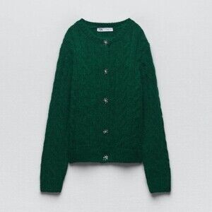 Zara Knit Cardigan With Jewel Buttons Bottle Green Size Medium NEW NWT
